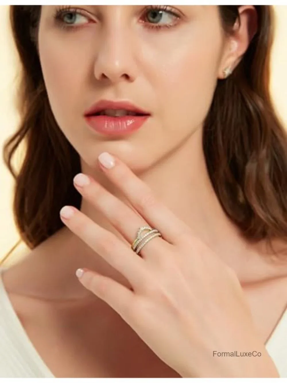Dainty Curved V-Shape Stacking Ring 14K Gold Plated Cubic Zirconia